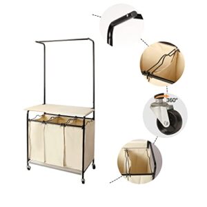 Rolling Laundry Sorter Cart with Wheels Heavy-Duty Laundry Hamper Sorter Cart with Ironing Board，3 Removable Bags, and Attached Steel Hanging Bar (Beige)