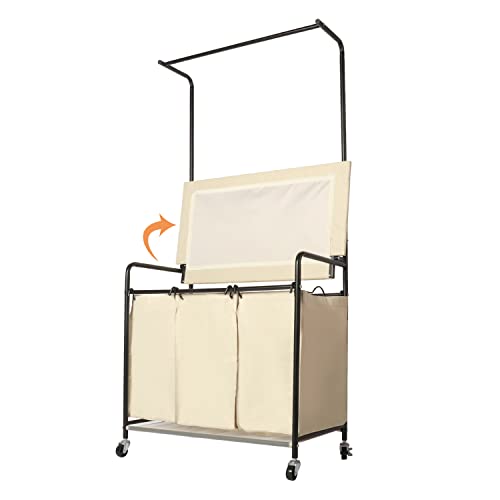 Rolling Laundry Sorter Cart with Wheels Heavy-Duty Laundry Hamper Sorter Cart with Ironing Board，3 Removable Bags, and Attached Steel Hanging Bar (Beige)