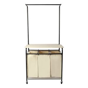 Rolling Laundry Sorter Cart with Wheels Heavy-Duty Laundry Hamper Sorter Cart with Ironing Board，3 Removable Bags, and Attached Steel Hanging Bar (Beige)