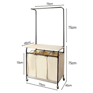 Rolling Laundry Sorter Cart with Wheels Heavy-Duty Laundry Hamper Sorter Cart with Ironing Board，3 Removable Bags, and Attached Steel Hanging Bar (Beige)