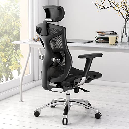 SIHOO Ergonomic Office Chair with 4D Arms, 2-Way Lumbar Support, Depth Adjustable Seat, PU Headrest, Height Adjustable Backrest, High Back Computer Desk Chair (Black)