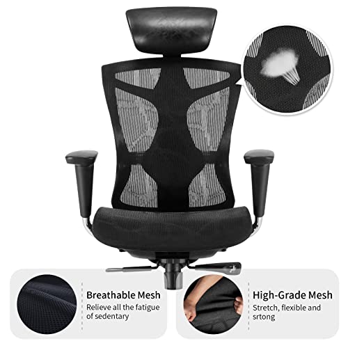 SIHOO Ergonomic Office Chair with 4D Arms, 2-Way Lumbar Support, Depth Adjustable Seat, PU Headrest, Height Adjustable Backrest, High Back Computer Desk Chair (Black)