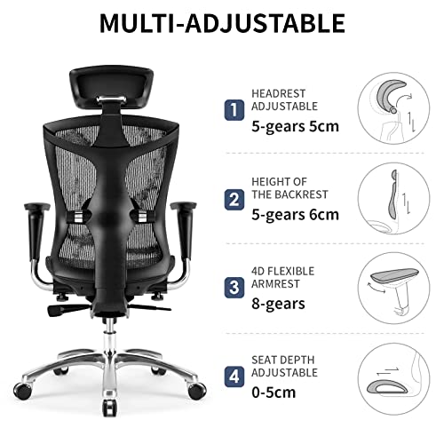 SIHOO Ergonomic Office Chair with 4D Arms, 2-Way Lumbar Support, Depth Adjustable Seat, PU Headrest, Height Adjustable Backrest, High Back Computer Desk Chair (Black)