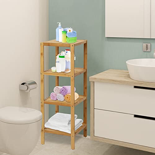 buenotoys 100% Bamboo Bathroom Shelf Corner Shelf Narrow Shelving Unit - Storage Rack Organizer, Plant Stand for Bathroom Kitchen Living Room (4-Tier)