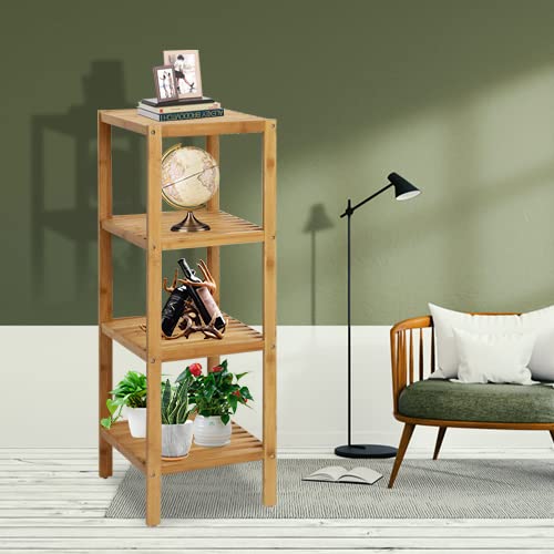 buenotoys 100% Bamboo Bathroom Shelf Corner Shelf Narrow Shelving Unit - Storage Rack Organizer, Plant Stand for Bathroom Kitchen Living Room (4-Tier)