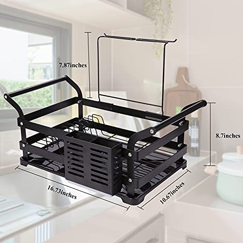 farexon Dish Drying Rack, Large Dish Rack with Drainboard for Kitchen Counter, Sturdy Stainless Dish Drainer with Adjustable Swivel Spout, Removable Wine Glass Holder & Utensil Holder, Black