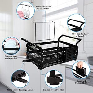 farexon Dish Drying Rack, Large Dish Rack with Drainboard for Kitchen Counter, Sturdy Stainless Dish Drainer with Adjustable Swivel Spout, Removable Wine Glass Holder & Utensil Holder, Black