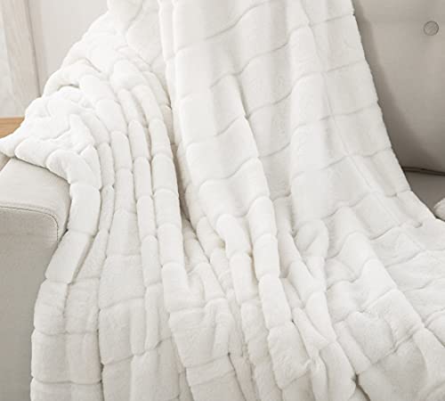 Ultra Soft Reversible Faux Fur Throw, Fluffy Blanket for Winter Sofa Couch, Cuddly & Warm(50"x 60", White)