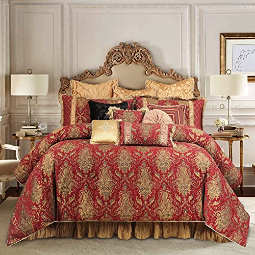 Loom and Mill 13-Piece Comforter Bed in a Bag, Classic Damask Jacquard Comforter Sets King, Luxury Bedding Set with Bed Skirt, Euro Shams and Decorative Pillows, All Season(Florence, King) Red