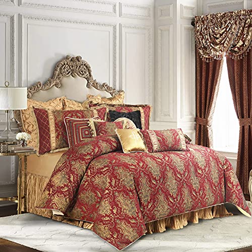 Loom and Mill 13-Piece Comforter Bed in a Bag, Classic Damask Jacquard Comforter Sets King, Luxury Bedding Set with Bed Skirt, Euro Shams and Decorative Pillows, All Season(Florence, King) Red