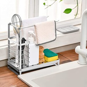 SUBEKYU Sink Caddy Kitchen Sink Organizer with Drain Pan, 304 Stainless Steel Dishcloth Holder, Sponge Holder for Kitchen Sink