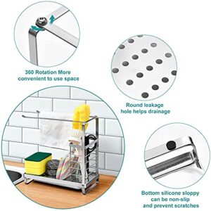 SUBEKYU Sink Caddy Kitchen Sink Organizer with Drain Pan, 304 Stainless Steel Dishcloth Holder, Sponge Holder for Kitchen Sink