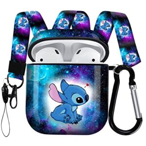 stitch airpods case protectiv cover,fully protected shockproof cartoon case with keychain clip carabiner and lanyard,compatible with apple airpods 2 and 1 (star stitch)