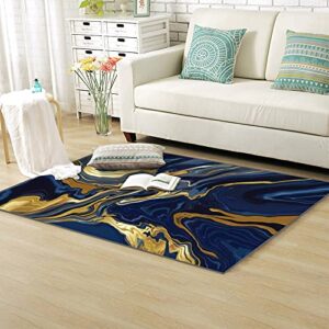 Area Runner Rug Non-Slip Throw Rugs Luxury Wallpaper Blue Marble and Gold Abstract Background Texture Carpet Playmat Yoga Indoor Floor Carpet Patio Door Mat for Living Room Home Decor