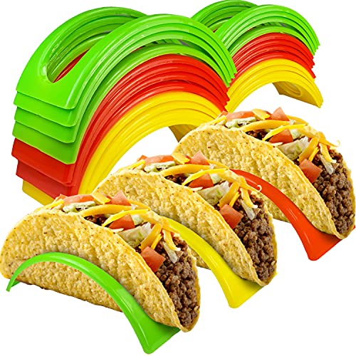 KSEV Taco Holder Stand - 24 Packs (Non-Toxic, BPA Free - Dishwasher & Microwave Safe) Hard Plastic Taco Shell Rack, Party Serving Tray Set for Tortillas Burritos (Green/Red/Yellow)