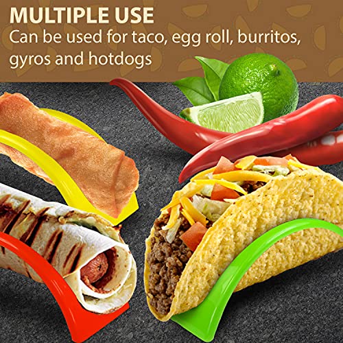 KSEV Taco Holder Stand - 24 Packs (Non-Toxic, BPA Free - Dishwasher & Microwave Safe) Hard Plastic Taco Shell Rack, Party Serving Tray Set for Tortillas Burritos (Green/Red/Yellow)