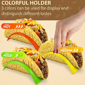 KSEV Taco Holder Stand - 24 Packs (Non-Toxic, BPA Free - Dishwasher & Microwave Safe) Hard Plastic Taco Shell Rack, Party Serving Tray Set for Tortillas Burritos (Green/Red/Yellow)