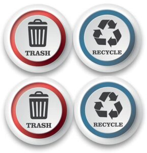 a&b traders recycle and trash stickers - outdoor vinyl recycling and trash logo sticker pack of 4, round sticker for trash can kitchen bins, waterproof outdoor recycling decals