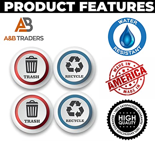 A&B Traders Recycle And Trash Stickers - Outdoor Vinyl Recycling And Trash Logo Sticker Pack Of 4, Round Sticker For Trash Can Kitchen Bins, Waterproof Outdoor Recycling Decals