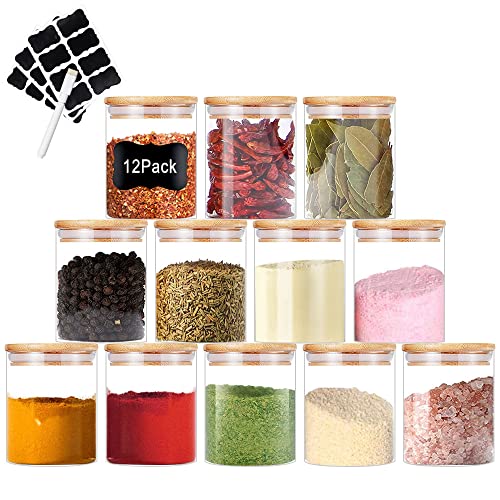 Nialnant 12 Pcs Glass Spice Jars with Bamboo Lids, 6oz Small Glass Jars with Labels & Pen, Glass Storage Jars for Kitchen Tea Coffee Sugar Nuts