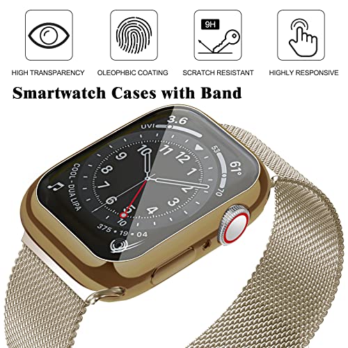 Geoumy Metal Magnetic Bands Compatible for Apple Watch Band 44mm with Case, Stainless Steel Milanese Mesh Loop Replacement Strap Compatible with iWatch Series 8/7/6/5/4/3/2/1 SE Women Men,Brown Gold