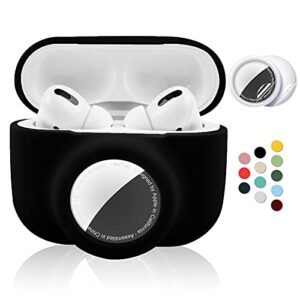 2 in 1 protective case for apple airpods pro air tag holder combo, soft silicone airpods pro airtag case with 2 pcs screen protector, anti-scratch anti-fall anti-lost shockproof durable(black)