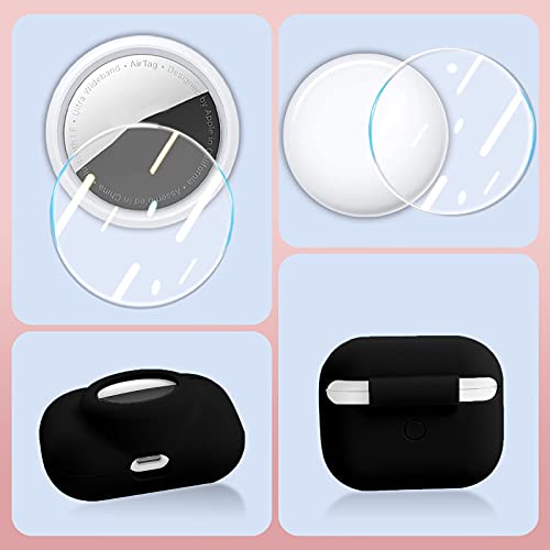 2 in 1 Protective Case for Apple AirPods Pro Air Tag Holder Combo, Soft Silicone Airpods Pro AirTag Case with 2 PCS Screen Protector, Anti-Scratch Anti-Fall Anti-Lost Shockproof Durable(Black)