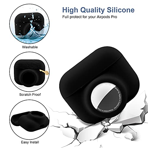 2 in 1 Protective Case for Apple AirPods Pro Air Tag Holder Combo, Soft Silicone Airpods Pro AirTag Case with 2 PCS Screen Protector, Anti-Scratch Anti-Fall Anti-Lost Shockproof Durable(Black)