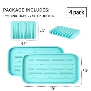 UHMER Silicone Sink Tray & Self Draining Soap Dish 4-Pack, Multipurpose Silicone Sponge Holder & Kitchen Sink Tray Set for Soap Bottles, BPA-Free Flexible Silicone Trays (Turquoise)