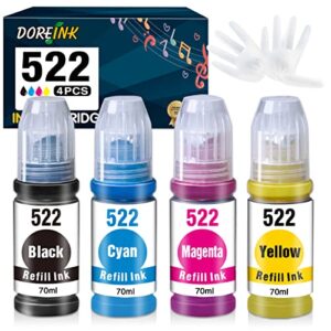 doreink compatible 522 t522 ecotank refill ink bottle replacement for ecotank et-2720 et-2800 et-4700 et-2803 et-4800 et-2710 et-1100 printer (4 pack, black, cyan, magenta, yellow) dye ink