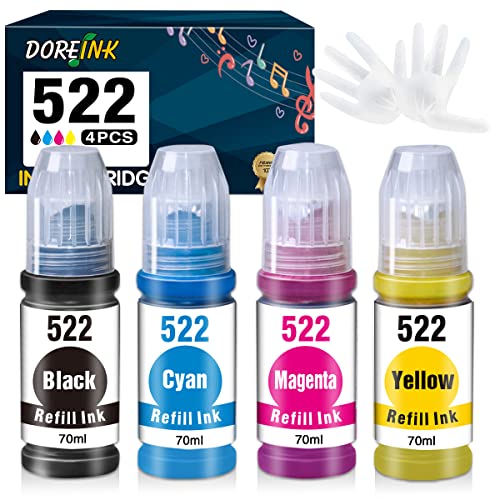 DOREINK Compatible 522 T522 EcoTank Refill Ink Bottle Replacement for EcoTank ET-2720 ET-2800 ET-4700 ET-2803 ET-4800 ET-2710 ET-1100 Printer (4 Pack, Black, Cyan, Magenta, Yellow) Dye Ink