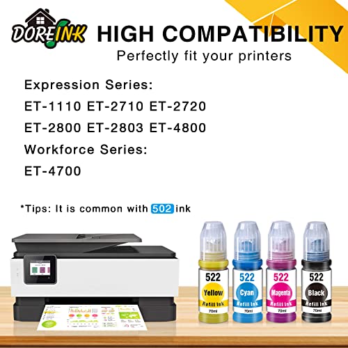 DOREINK Compatible 522 T522 EcoTank Refill Ink Bottle Replacement for EcoTank ET-2720 ET-2800 ET-4700 ET-2803 ET-4800 ET-2710 ET-1100 Printer (4 Pack, Black, Cyan, Magenta, Yellow) Dye Ink