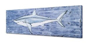 sygallerier shark canvas wall art with textured - fish paintings in blue and white color - contemporary sea life artwork for living room bedroom bathroom decor