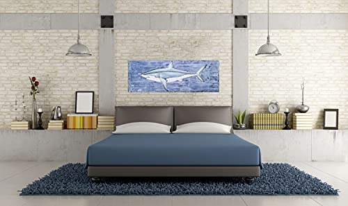 SYGALLERIER Shark Canvas Wall Art with Textured - Fish Paintings in Blue and White Color - Contemporary Sea Life Artwork for Living Room Bedroom Bathroom Decor