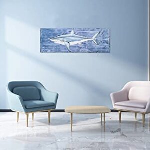 SYGALLERIER Shark Canvas Wall Art with Textured - Fish Paintings in Blue and White Color - Contemporary Sea Life Artwork for Living Room Bedroom Bathroom Decor