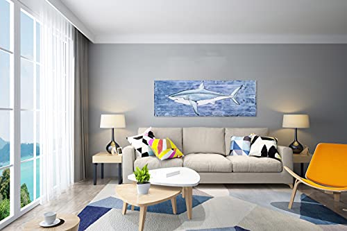 SYGALLERIER Shark Canvas Wall Art with Textured - Fish Paintings in Blue and White Color - Contemporary Sea Life Artwork for Living Room Bedroom Bathroom Decor