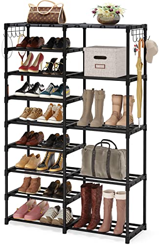 Tribesigns 9 Tiers Shoe Rack, 28-32 Pairs Large Separable Shoe Organzier 9-Tier +5-Tier Metal Boot Shelf with Side Hooks Shoe Tower Space Saving Shoe Storage Cabinet for Entryway Room Organization