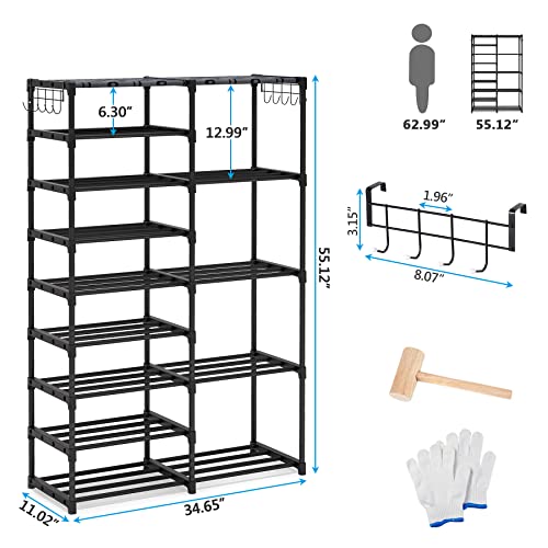 Tribesigns 9 Tiers Shoe Rack, 28-32 Pairs Large Separable Shoe Organzier 9-Tier +5-Tier Metal Boot Shelf with Side Hooks Shoe Tower Space Saving Shoe Storage Cabinet for Entryway Room Organization