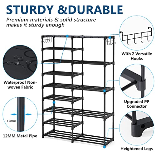 Tribesigns 9 Tiers Shoe Rack, 28-32 Pairs Large Separable Shoe Organzier 9-Tier +5-Tier Metal Boot Shelf with Side Hooks Shoe Tower Space Saving Shoe Storage Cabinet for Entryway Room Organization