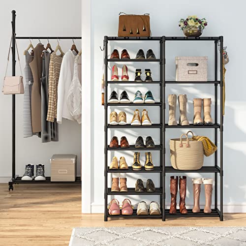 Tribesigns 9 Tiers Shoe Rack, 28-32 Pairs Large Separable Shoe Organzier 9-Tier +5-Tier Metal Boot Shelf with Side Hooks Shoe Tower Space Saving Shoe Storage Cabinet for Entryway Room Organization