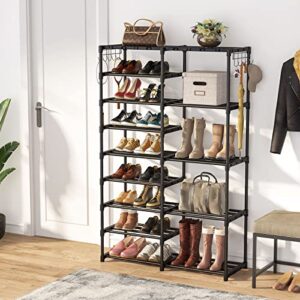 Tribesigns 9 Tiers Shoe Rack, 28-32 Pairs Large Separable Shoe Organzier 9-Tier +5-Tier Metal Boot Shelf with Side Hooks Shoe Tower Space Saving Shoe Storage Cabinet for Entryway Room Organization