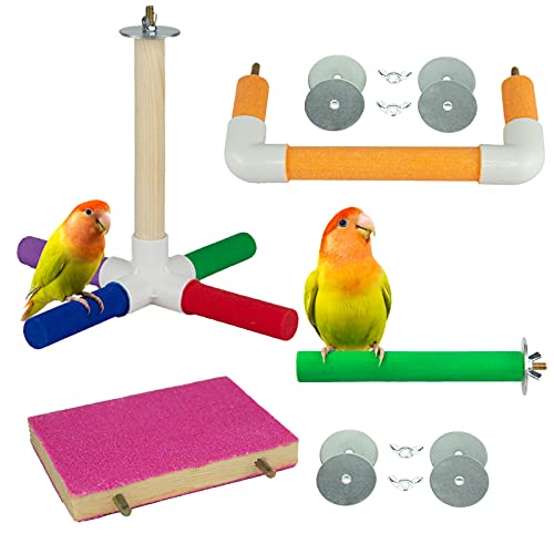 4 PCS Bird Perch Stand Toy, Wood Parrot Perch Stand Platform Paw Grinding Stick, Cage Accessories Exercise Toys Budgies Parakeet Cockatiel Conure Hamster Gerbil Rat Mouse