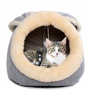 beds for indoor cats/ small dog with anti-slip bottom, rabbit-shaped cat cave with hanging toy, puppy bed with removable cotton pad, super soft calming pet sofa bed (grey large)