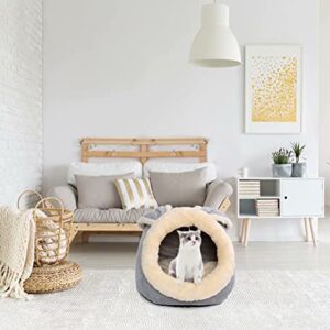 Beds for Indoor Cats/ Small Dog with Anti-Slip Bottom, Rabbit-Shaped Cat Cave with Hanging Toy, Puppy Bed with Removable Cotton Pad, Super Soft Calming Pet Sofa Bed (Grey Large)