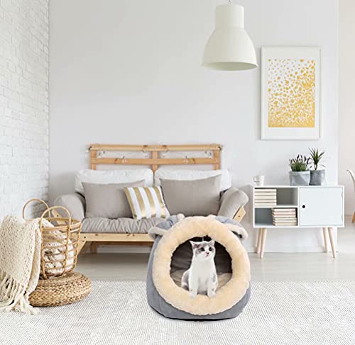 Beds for Indoor Cats/ Small Dog with Anti-Slip Bottom, Rabbit-Shaped Cat Cave with Hanging Toy, Puppy Bed with Removable Cotton Pad, Super Soft Calming Pet Sofa Bed (Grey Large)