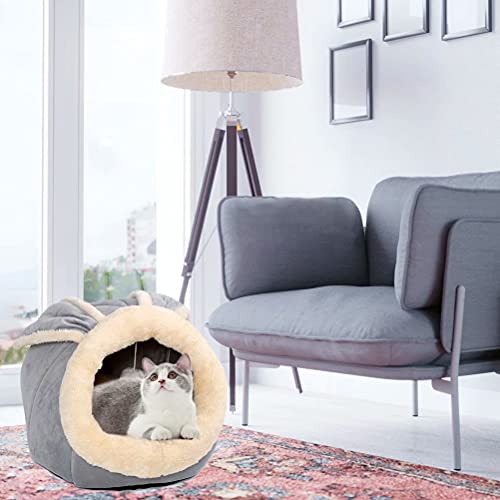 Beds for Indoor Cats/ Small Dog with Anti-Slip Bottom, Rabbit-Shaped Cat Cave with Hanging Toy, Puppy Bed with Removable Cotton Pad, Super Soft Calming Pet Sofa Bed (Grey Large)