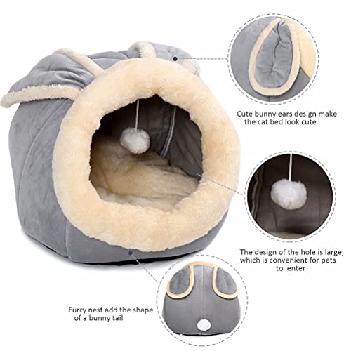 Beds for Indoor Cats/ Small Dog with Anti-Slip Bottom, Rabbit-Shaped Cat Cave with Hanging Toy, Puppy Bed with Removable Cotton Pad, Super Soft Calming Pet Sofa Bed (Grey Large)