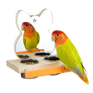 PANQIAGU Parrot Mirror Toy with Stainless Steel Feeding Cups Bird Wooden Frames with Cage Perch for Small Parakeets, Cockatiels, Conures, Finches,Budgie,Macaws, Parrots, Love Birds