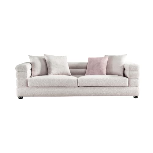 Acanva Modern Sofa with Channel Tufting and Soft Pocket Coil Cushions, Small Space Living Room Furniture, 89”W Couch, White Teddy Velvet