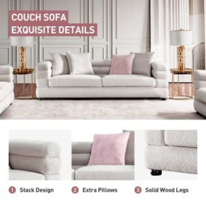 Acanva Modern Sofa with Channel Tufting and Soft Pocket Coil Cushions, Small Space Living Room Furniture, 89”W Couch, White Teddy Velvet